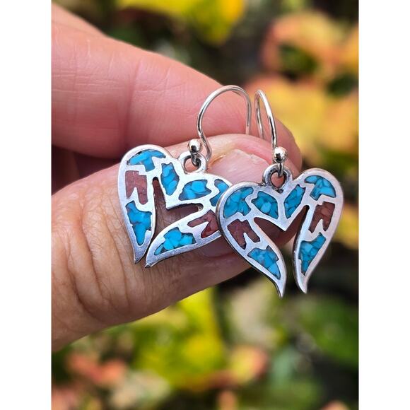 Vintage Sterling Silver Turquoise & Red Coral Inlay Heart Shaped Dangle Earrings - Picture 6 of 6